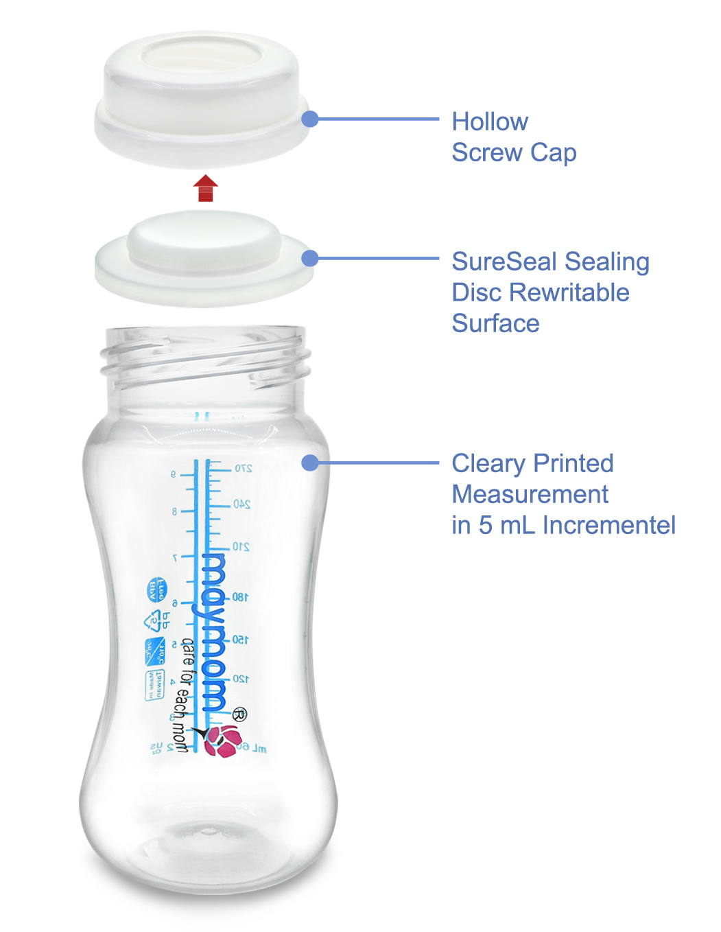 Maymom wide-mouth bottle for Avent/Spectra flange with SureSeal silicone disk, 280mL Maymom wide-mouth bottle for Avent/Spectra flange with SureSeal silicone disk, 280mL